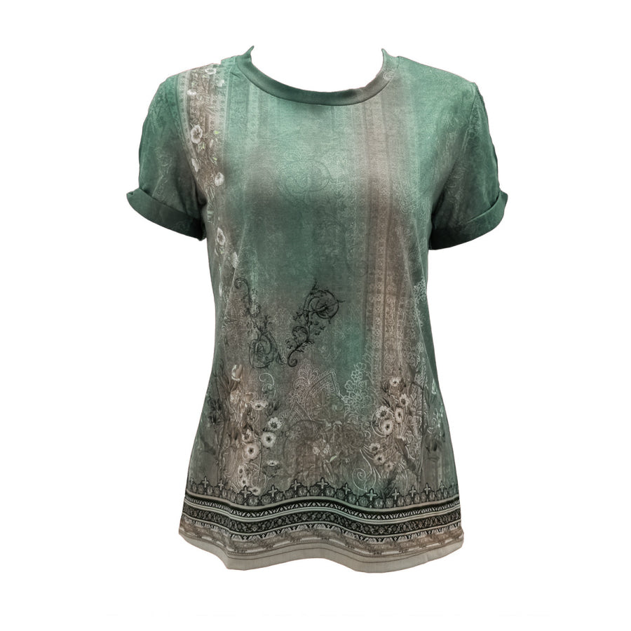 Cutout Printed Round Neck Short Sleeve Blouse Apparel and Accessories