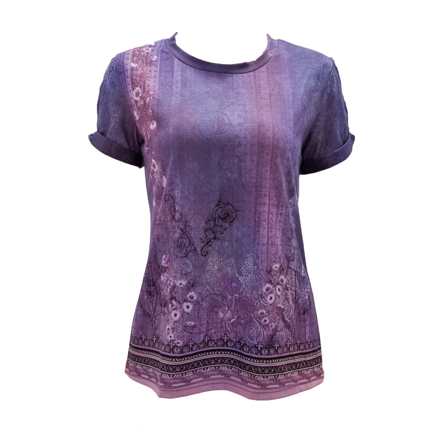 Cutout Printed Round Neck Short Sleeve Blouse Apparel and Accessories