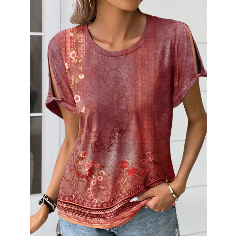 Cutout Printed Round Neck Short Sleeve Blouse Deep Red / S Apparel and Accessories