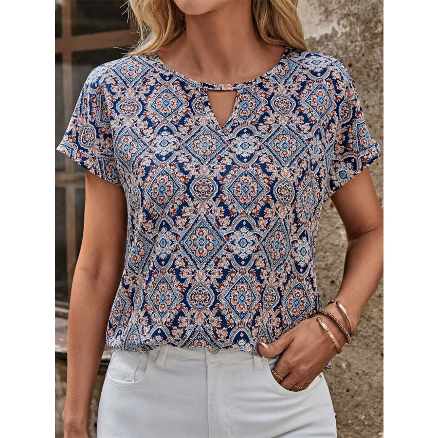 Cutout Printed Round Neck Short Sleeve Blouse Navy / S Apparel and Accessories