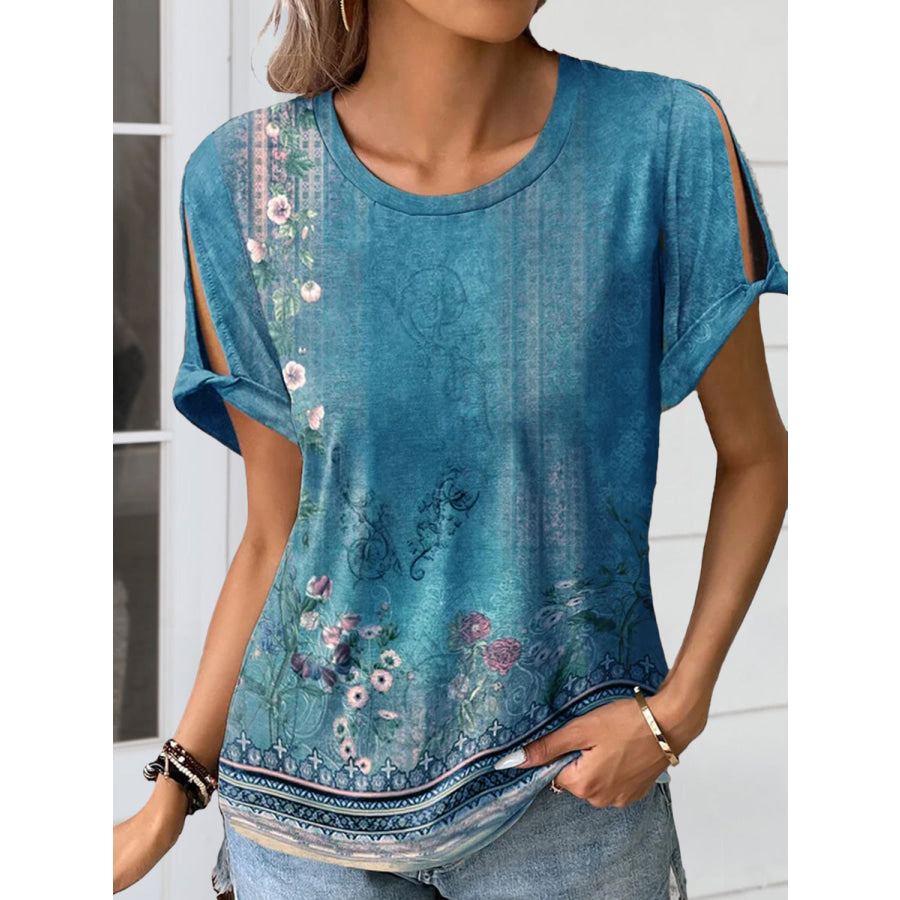 Cutout Printed Round Neck Short Sleeve Blouse Peacock Blue / S Apparel and Accessories