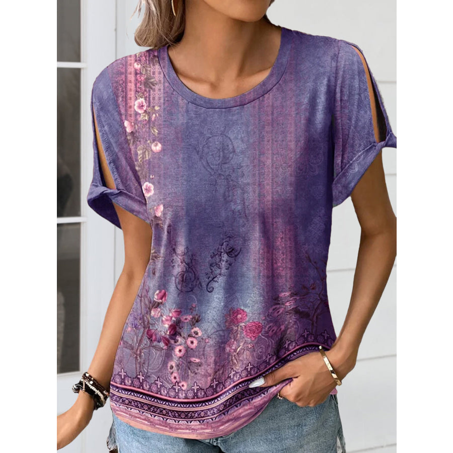 Cutout Printed Round Neck Short Sleeve Blouse Purple / S Apparel and Accessories