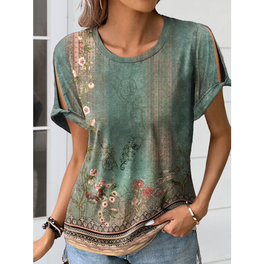 Cutout Printed Round Neck Short Sleeve Blouse Sage / S Apparel and Accessories