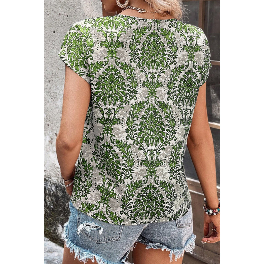 Cutout Printed Short Sleeve Blouse Apparel and Accessories