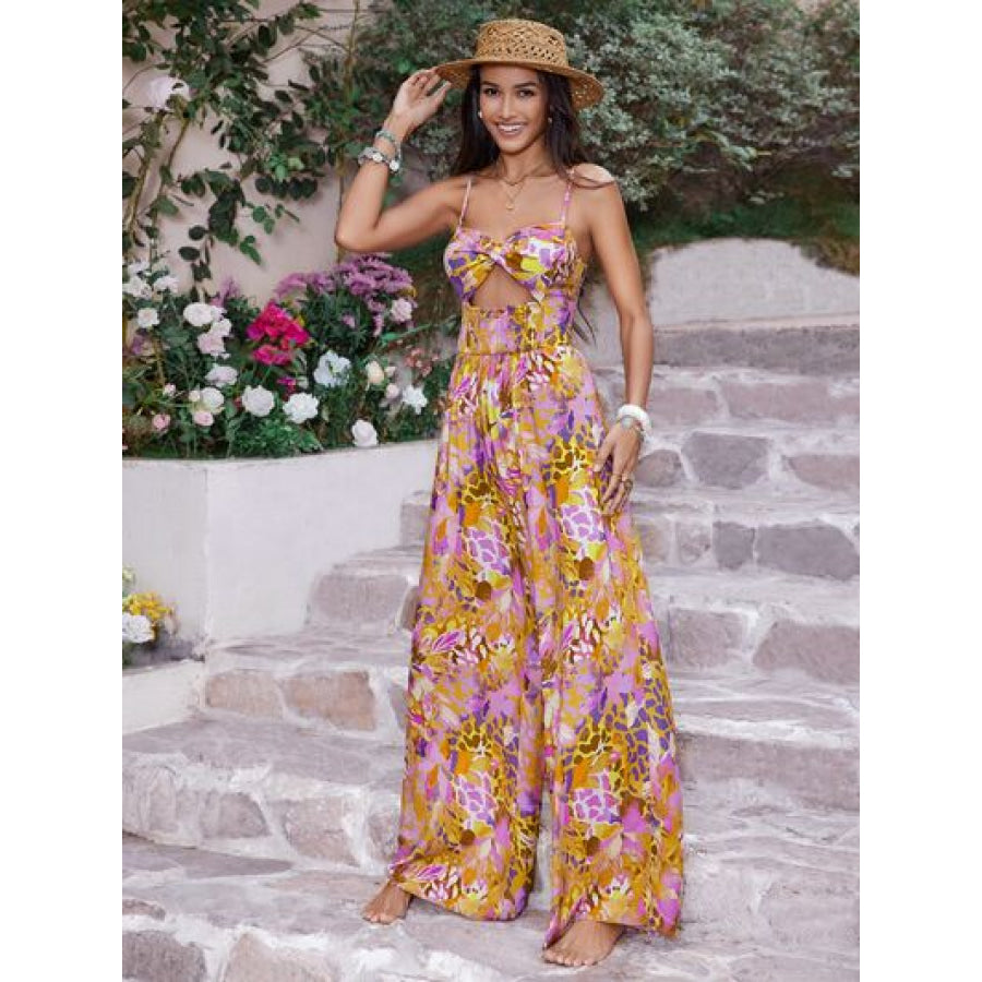 Cutout Printed Spaghetti Strap Jumpsuit Multicolor / S Apparel and Accessories