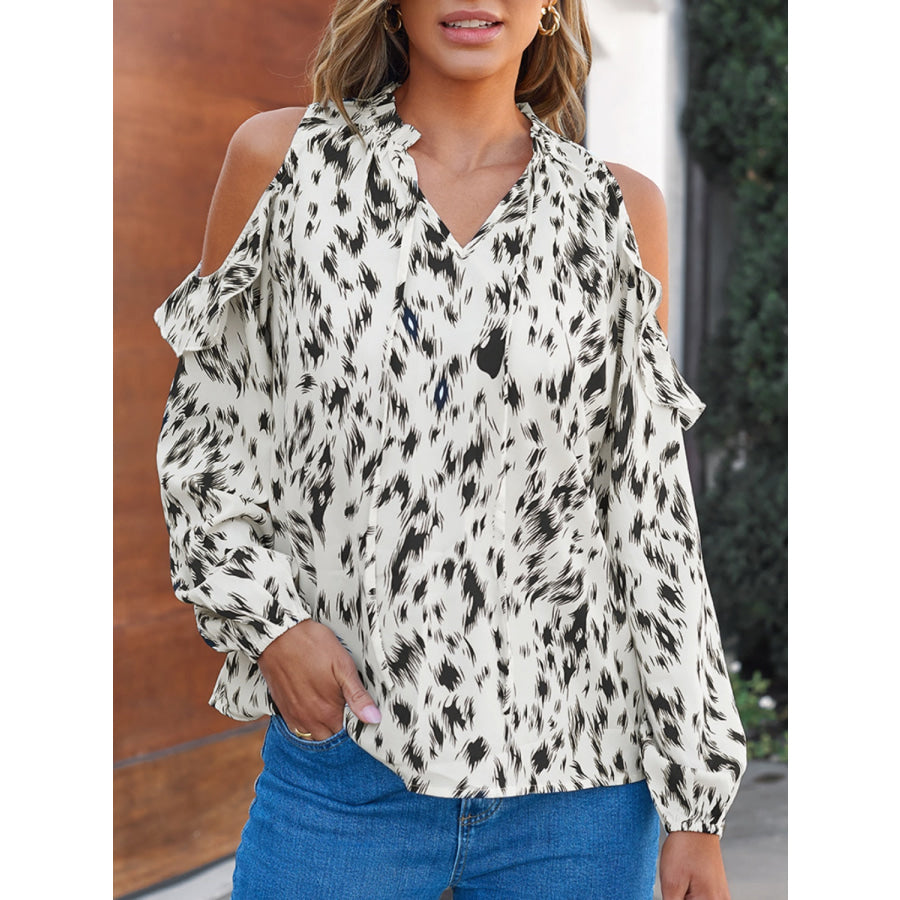 Cutout Printed Tie Neck Long Sleeve Blouse Cream / S Apparel and Accessories