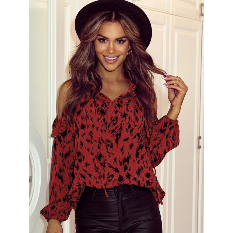 Cutout Printed Tie Neck Long Sleeve Blouse Wine / S Apparel and Accessories