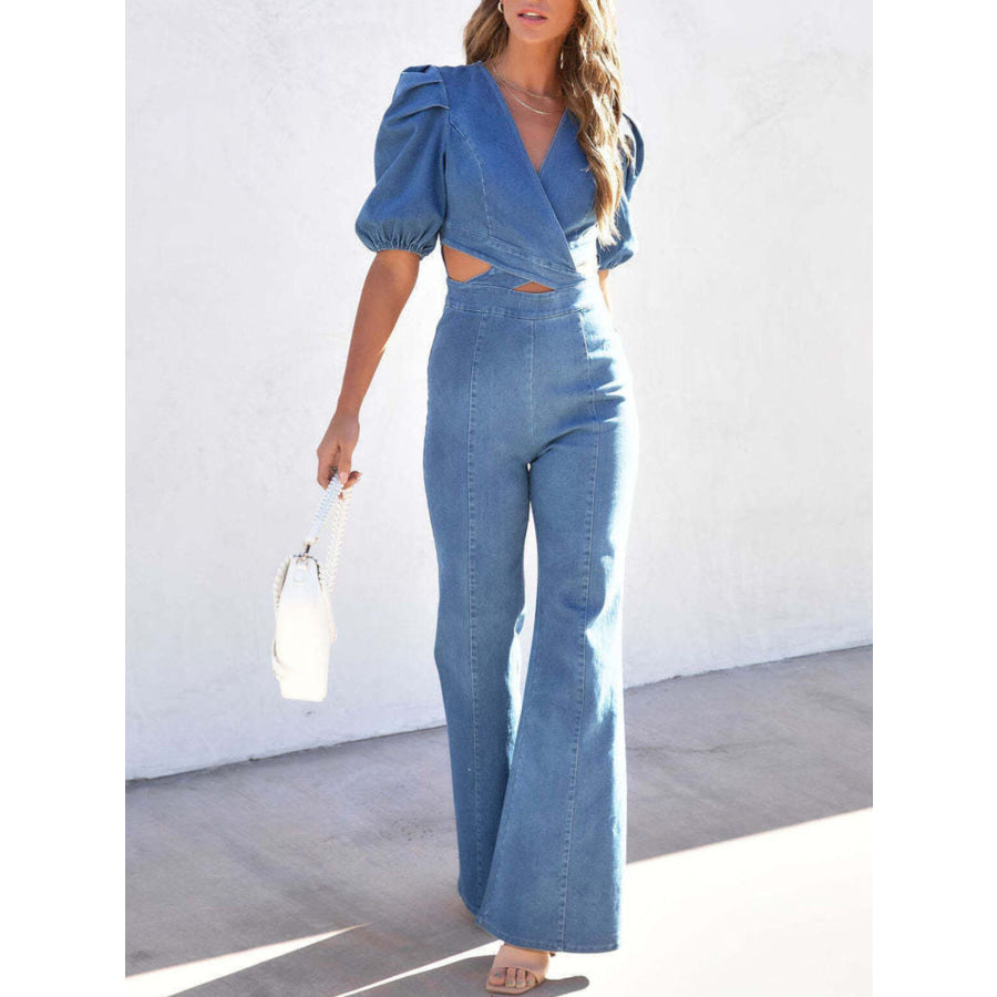 Cutout Puff Sleeve Denim Jumpsuit Apparel and Accessories