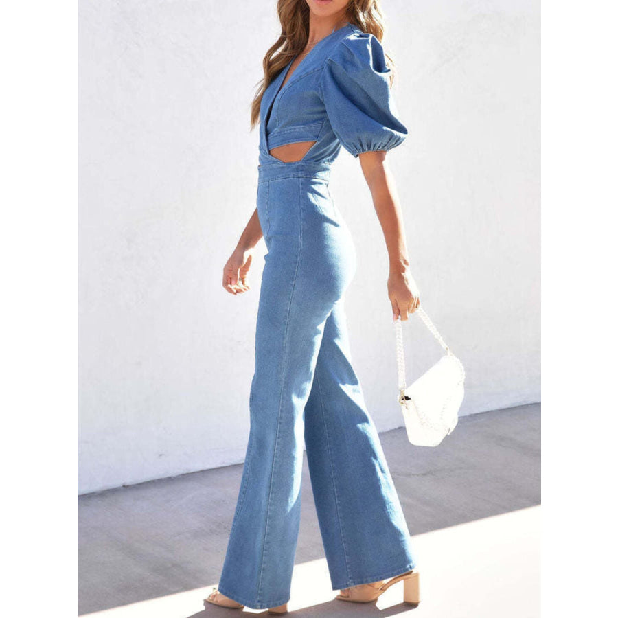 Cutout Puff Sleeve Denim Jumpsuit Apparel and Accessories