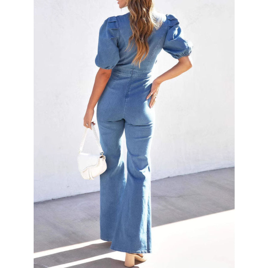 Cutout Puff Sleeve Denim Jumpsuit Apparel and Accessories