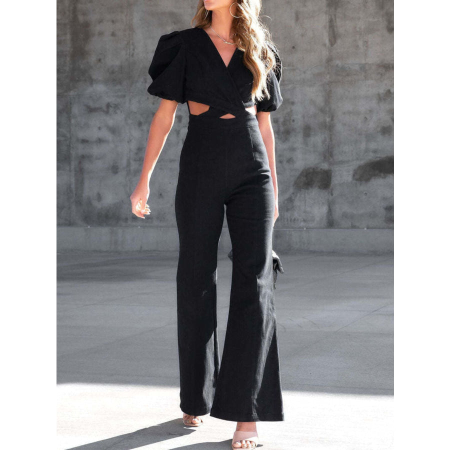 Cutout Puff Sleeve Denim Jumpsuit Apparel and Accessories