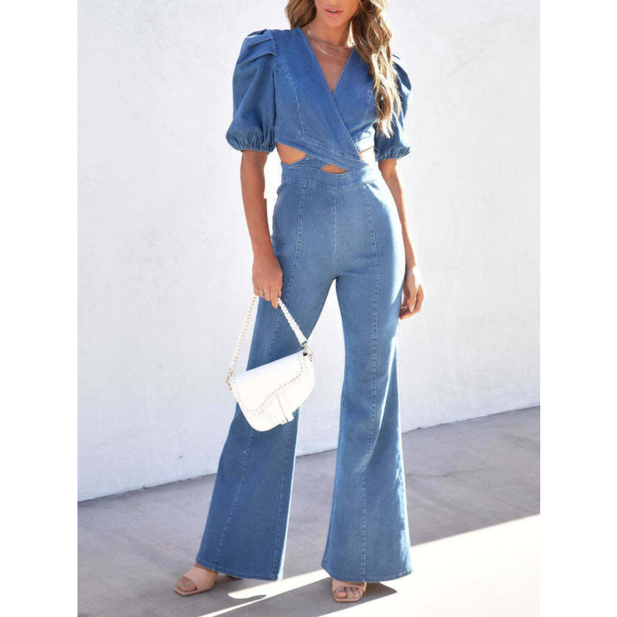 Cutout Puff Sleeve Denim Jumpsuit Apparel and Accessories