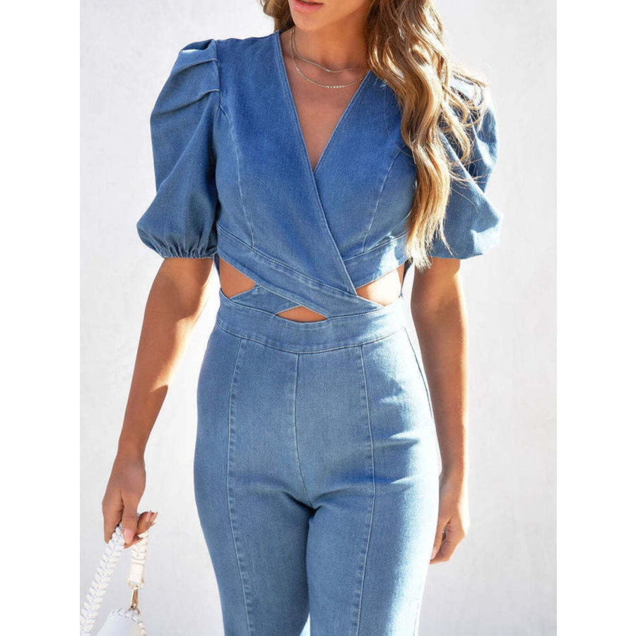Cutout Puff Sleeve Denim Jumpsuit Apparel and Accessories
