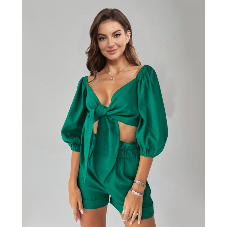 Cutout Puff Sleeve Top and Shorts Set Teal / S