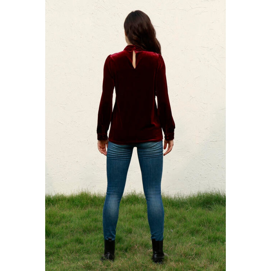 Cutout Puff Sleeve Velvet Blouse Apparel and Accessories