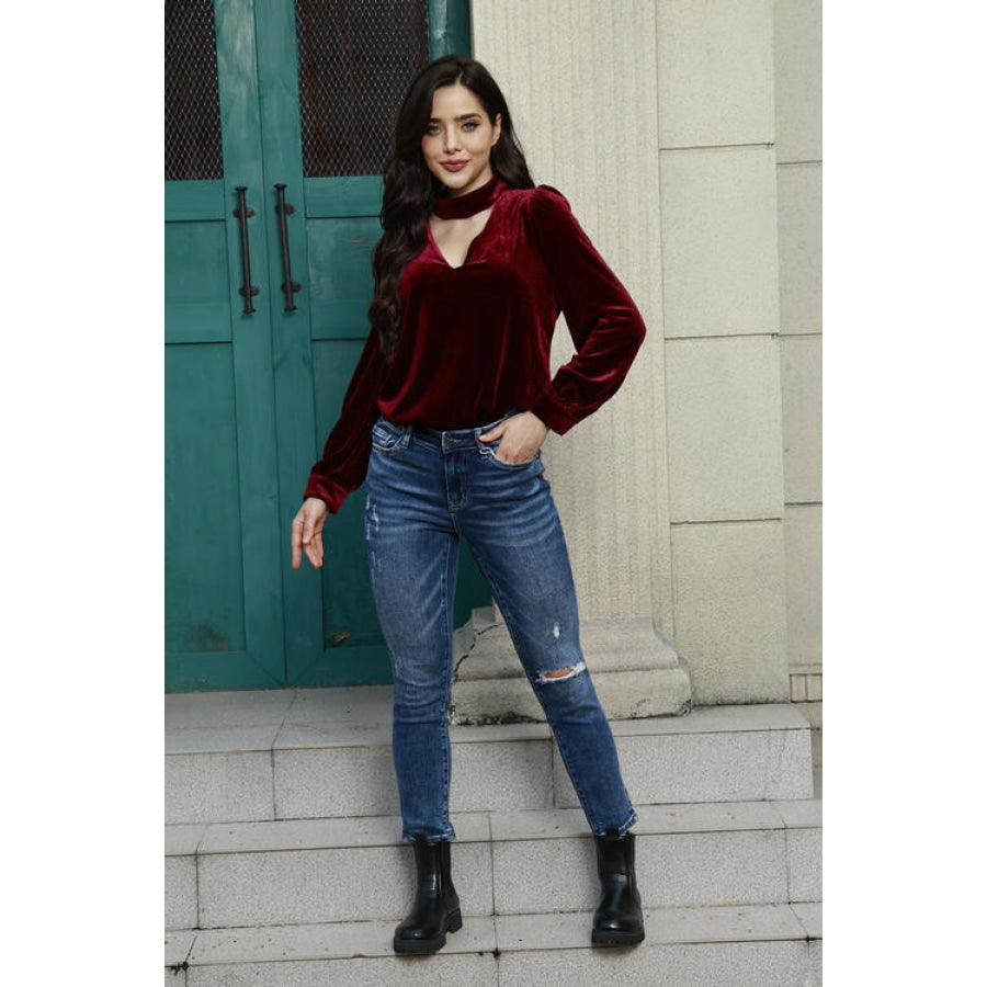 Cutout Puff Sleeve Velvet Blouse Apparel and Accessories