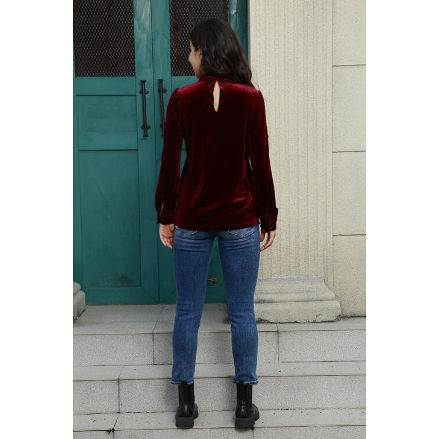 Cutout Puff Sleeve Velvet Blouse Apparel and Accessories