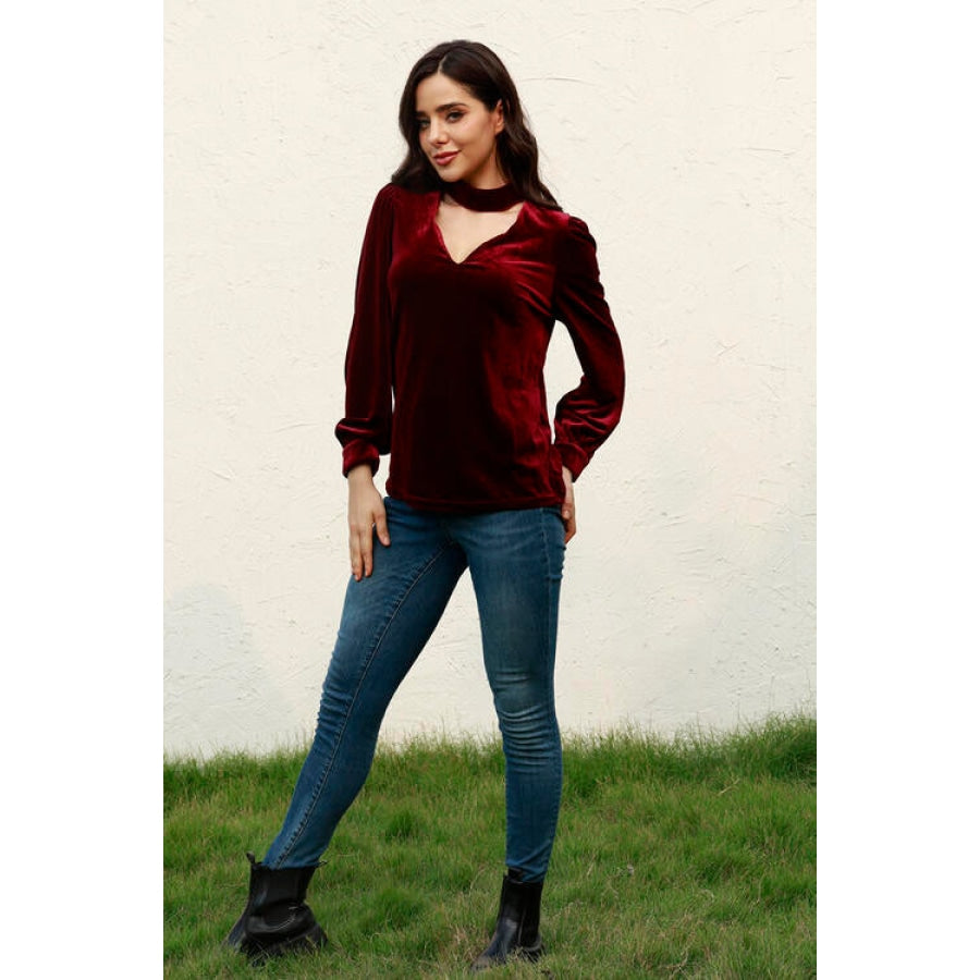 Cutout Puff Sleeve Velvet Blouse Apparel and Accessories