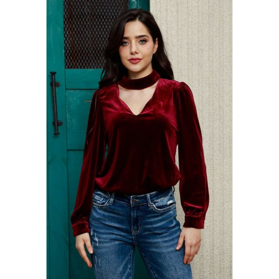 Cutout Puff Sleeve Velvet Blouse Wine / S Apparel and Accessories