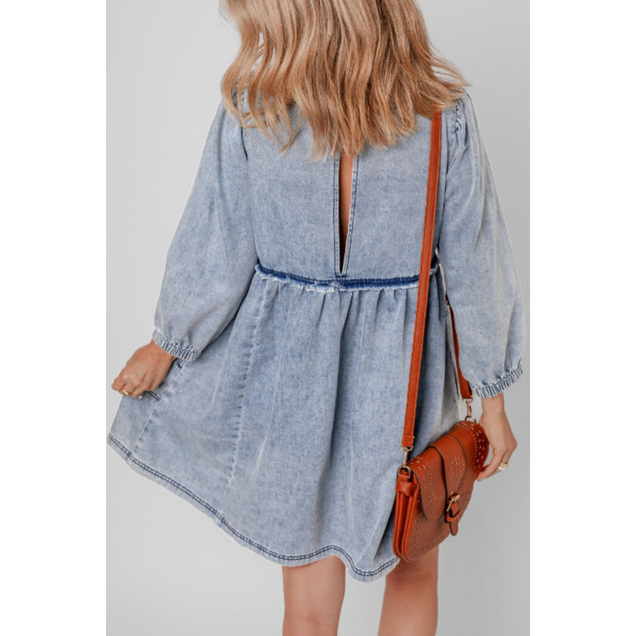 Cutout Round Neck Balloon Sleeve Denim Dress Apparel and Accessories