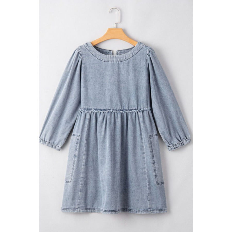 Cutout Round Neck Balloon Sleeve Denim Dress Apparel and Accessories