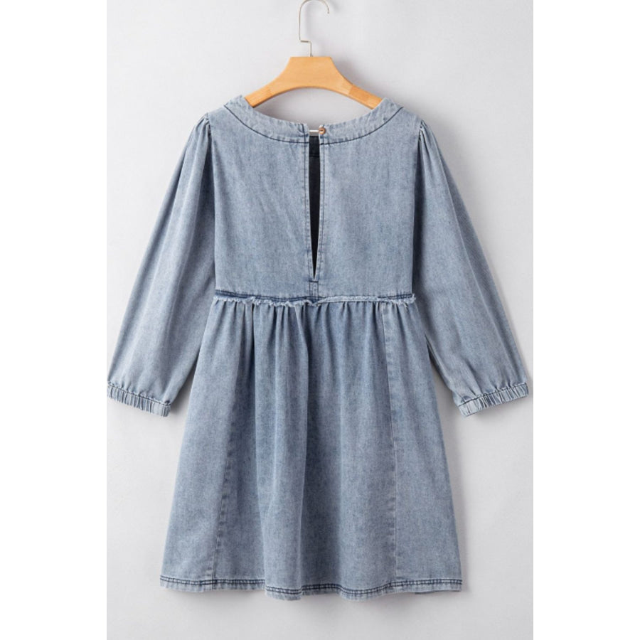 Cutout Round Neck Balloon Sleeve Denim Dress Apparel and Accessories