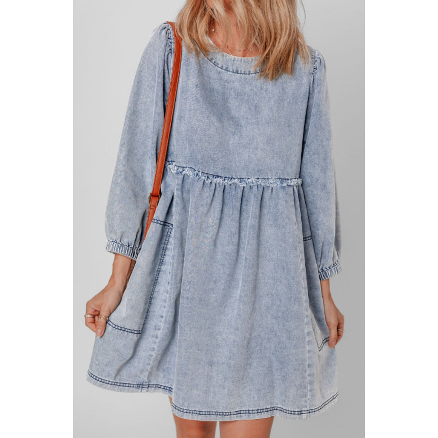 Cutout Round Neck Balloon Sleeve Denim Dress Apparel and Accessories