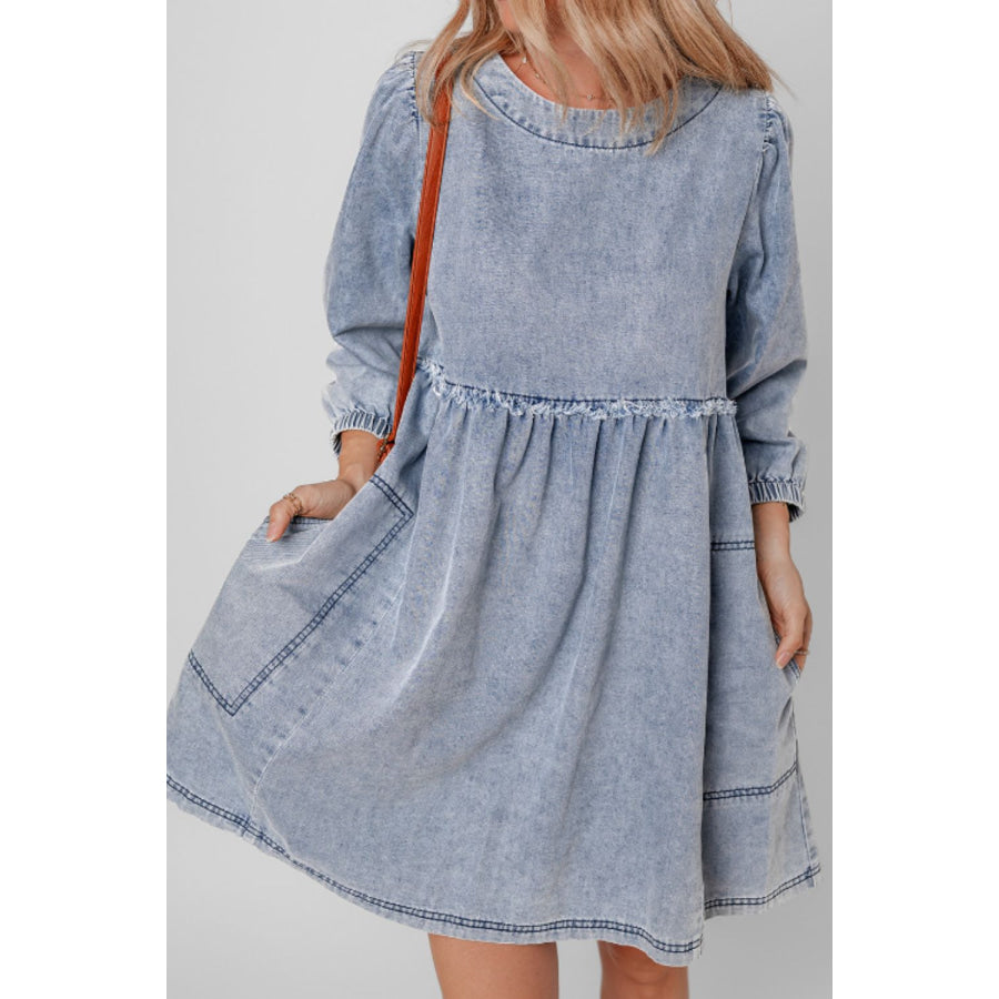 Cutout Round Neck Balloon Sleeve Denim Dress Medium / S Apparel and Accessories