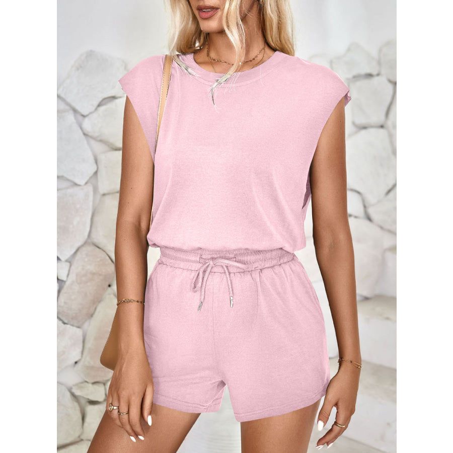 Cutout Round Neck Cap Sleeve Romper Blush Pink / S Apparel and Accessories