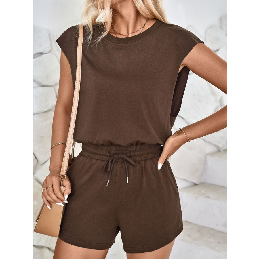 Cutout Round Neck Cap Sleeve Romper Coffee Brown / S Apparel and Accessories