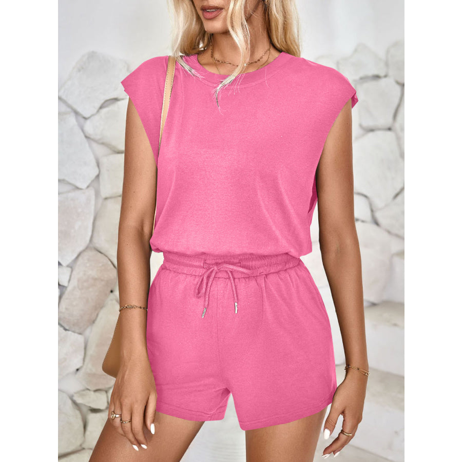 Cutout Round Neck Cap Sleeve Romper Hot Pink / S Apparel and Accessories