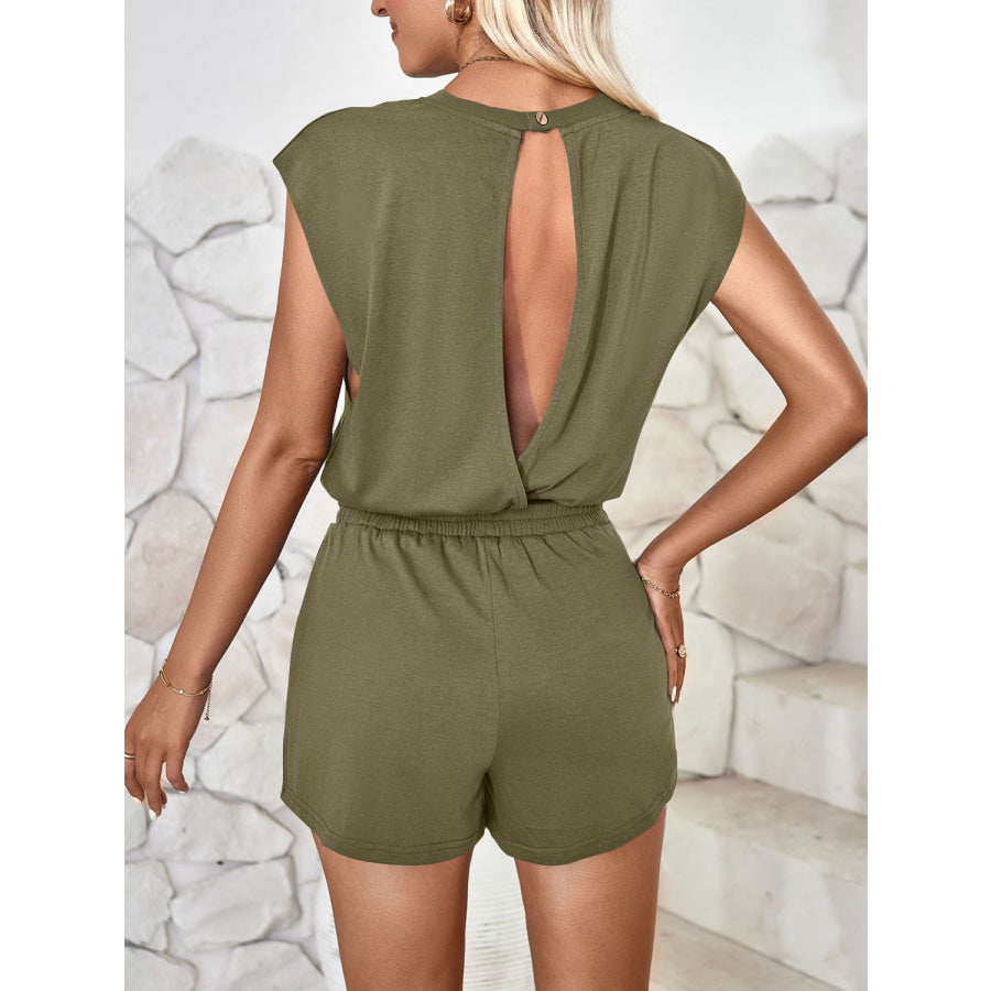 Cutout Round Neck Cap Sleeve Romper Matcha Green / S Apparel and Accessories