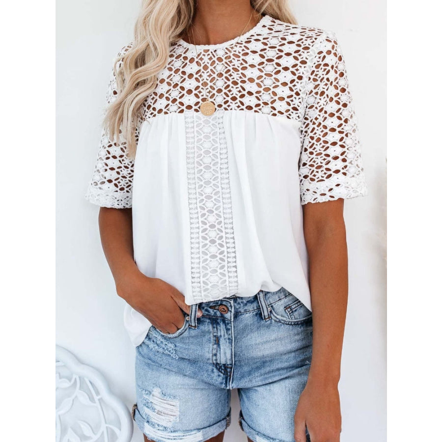 Cutout Round Neck Half Sleeve Blouse Apparel and Accessories