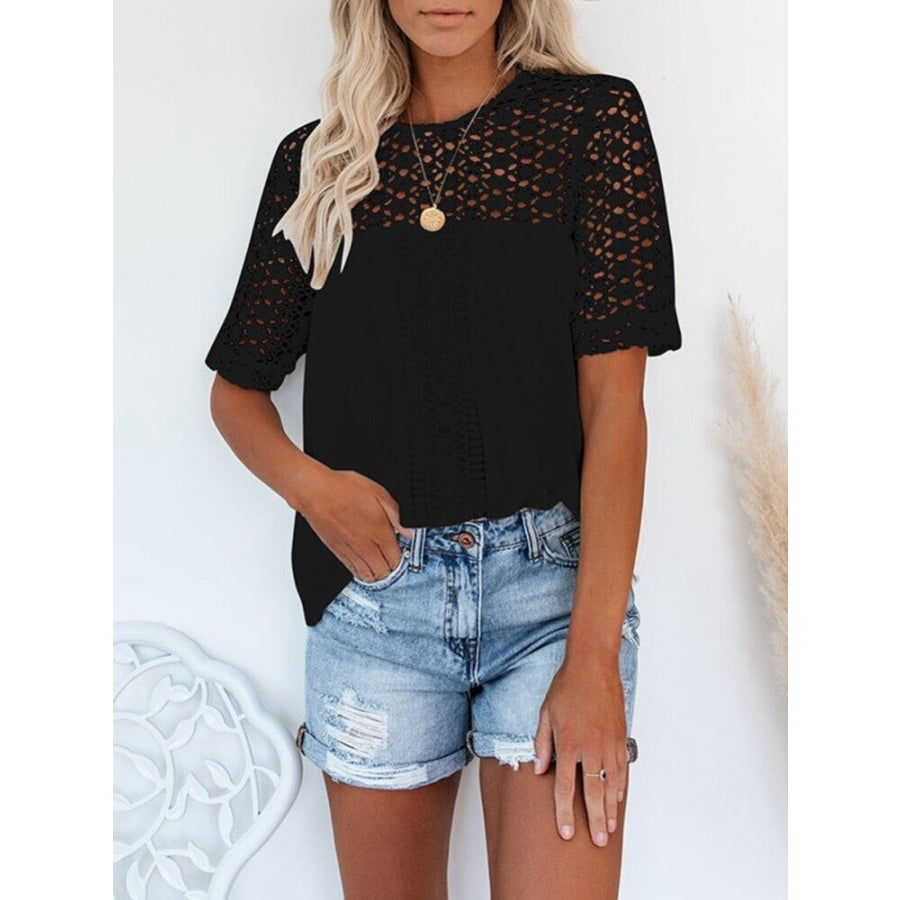 Cutout Round Neck Half Sleeve Blouse Black / S Apparel and Accessories