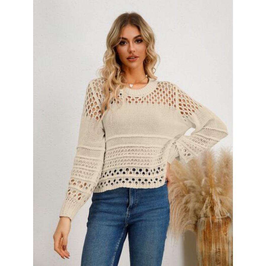 Cutout Round Neck Knit Top Sand / S Apparel and Accessories