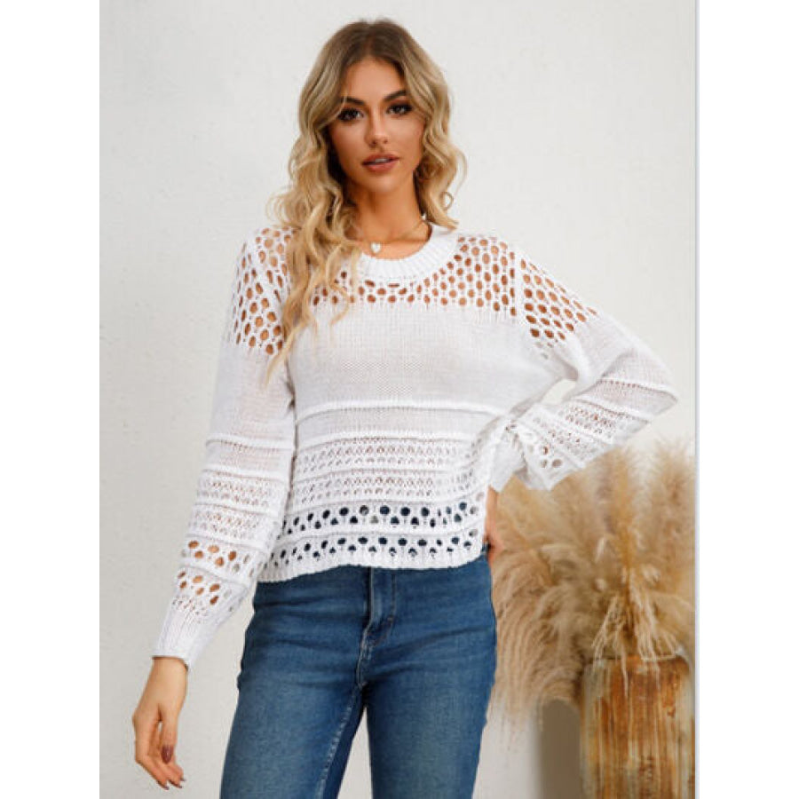 Cutout Round Neck Knit Top White / S Apparel and Accessories