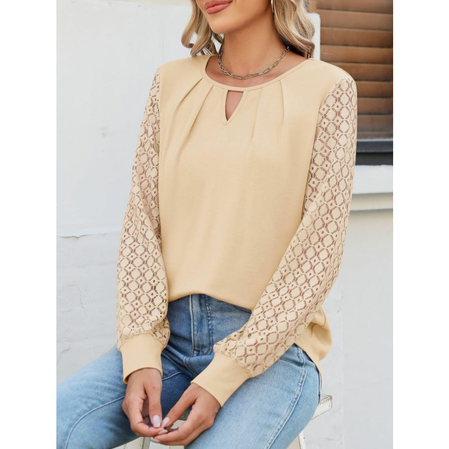 Cutout Round Neck Lace Long Sleeve Blouse Apparel and Accessories
