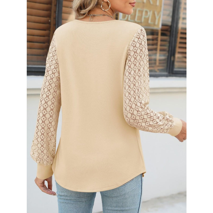 Cutout Round Neck Lace Long Sleeve Blouse Apparel and Accessories