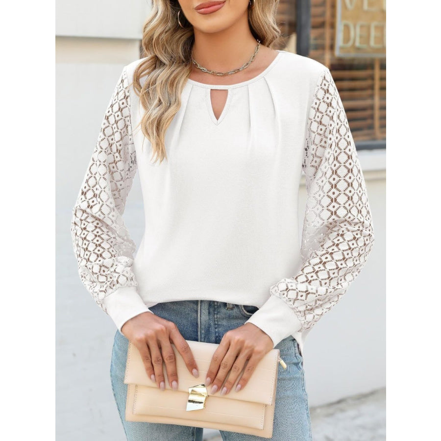 Cutout Round Neck Lace Long Sleeve Blouse White / S Apparel and Accessories