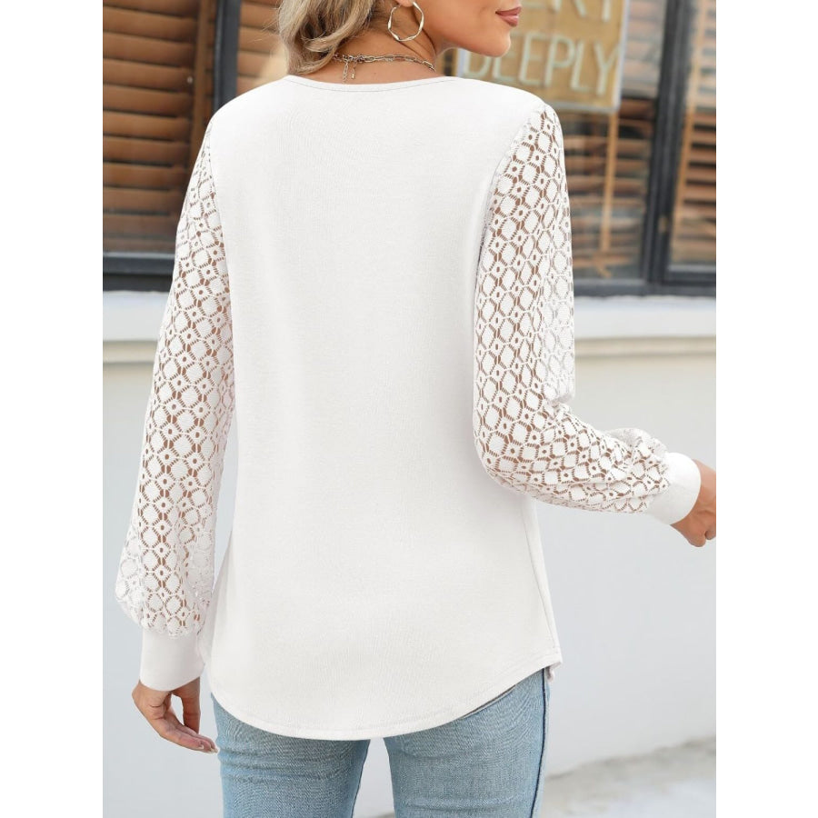 Cutout Round Neck Lace Long Sleeve Blouse Apparel and Accessories