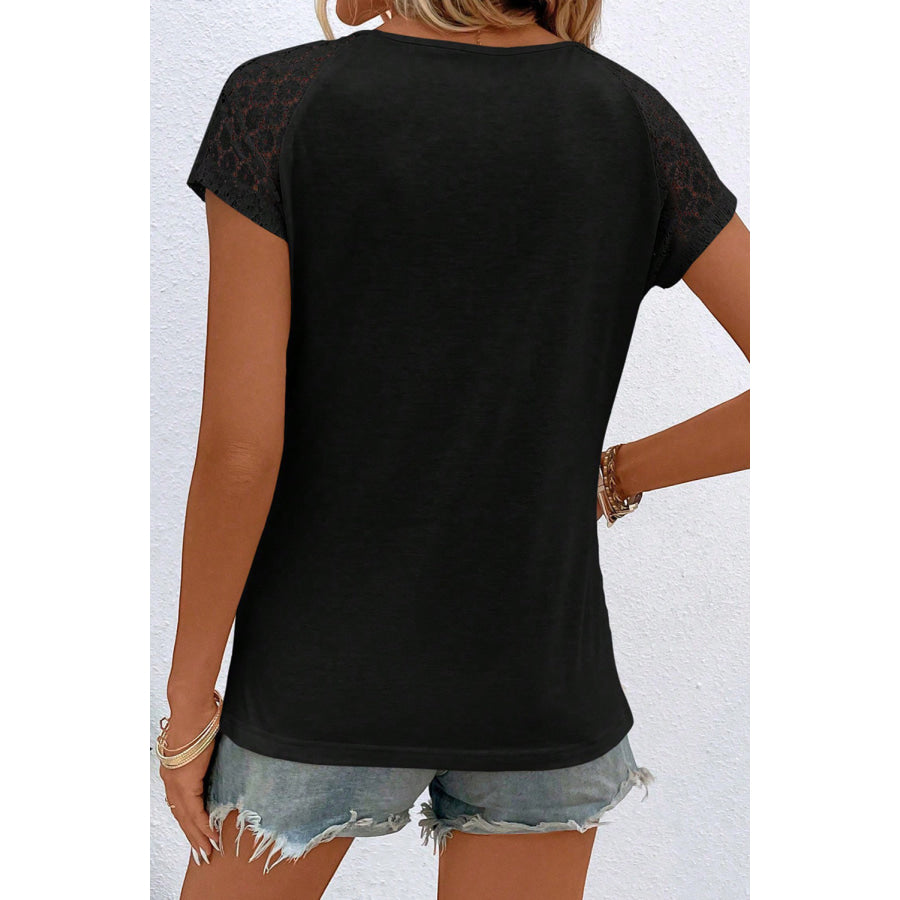 Cutout Round Neck Lace Short Sleeve T - Shirt Black / S Apparel and Accessories