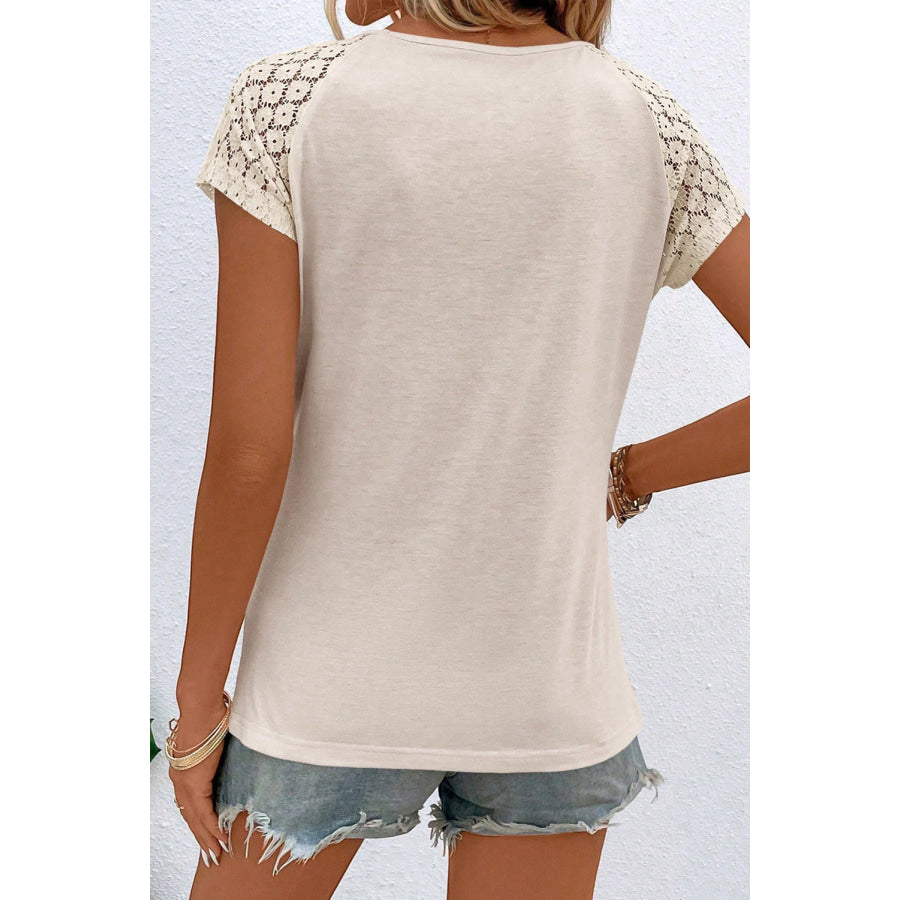 Cutout Round Neck Lace Short Sleeve T - Shirt Apparel and Accessories