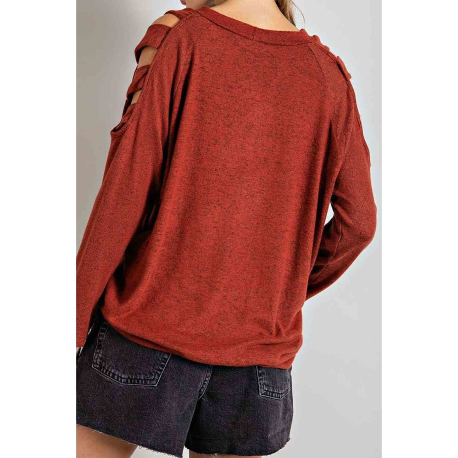 Cutout Round Neck Long Sleeve Blouse Brick Red / S Apparel and Accessories