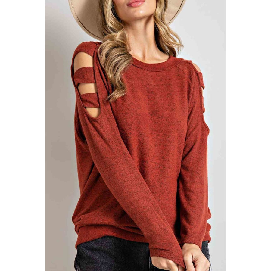 Cutout Round Neck Long Sleeve Blouse Brick Red / S Apparel and Accessories