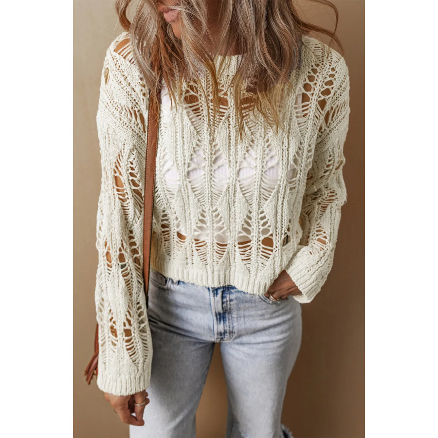 Cutout Round Neck Long Sleeve Knit Cover Up Apparel and Accessories