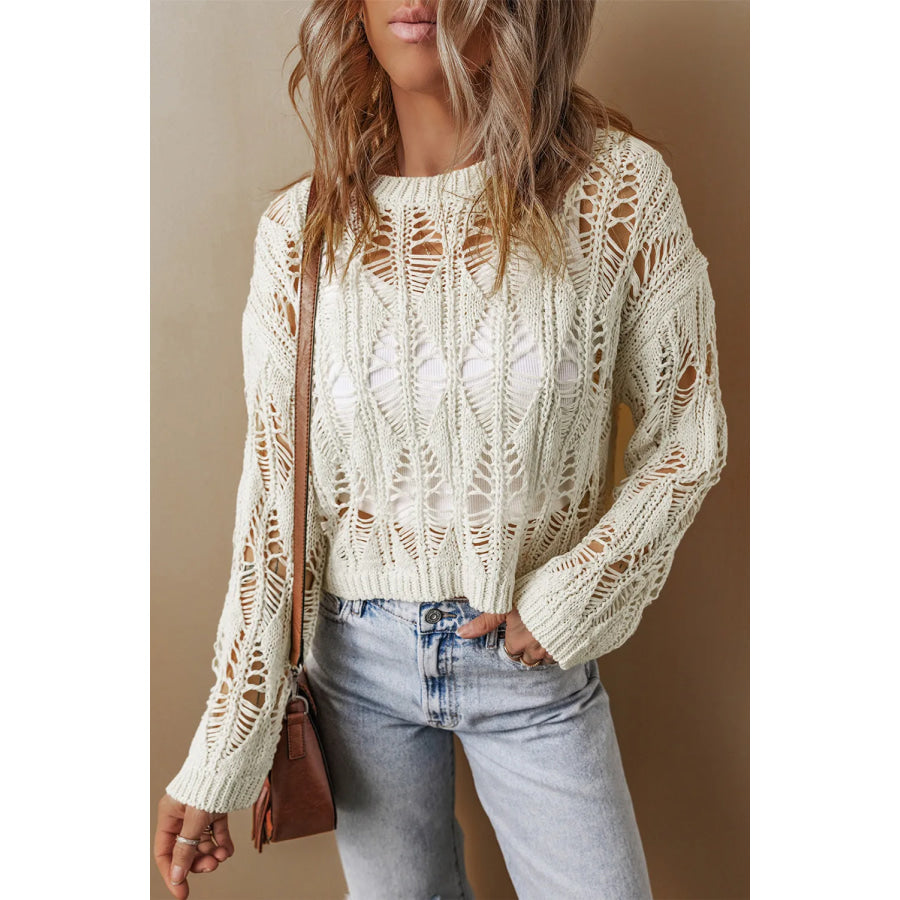 Cutout Round Neck Long Sleeve Knit Cover Up Apparel and Accessories