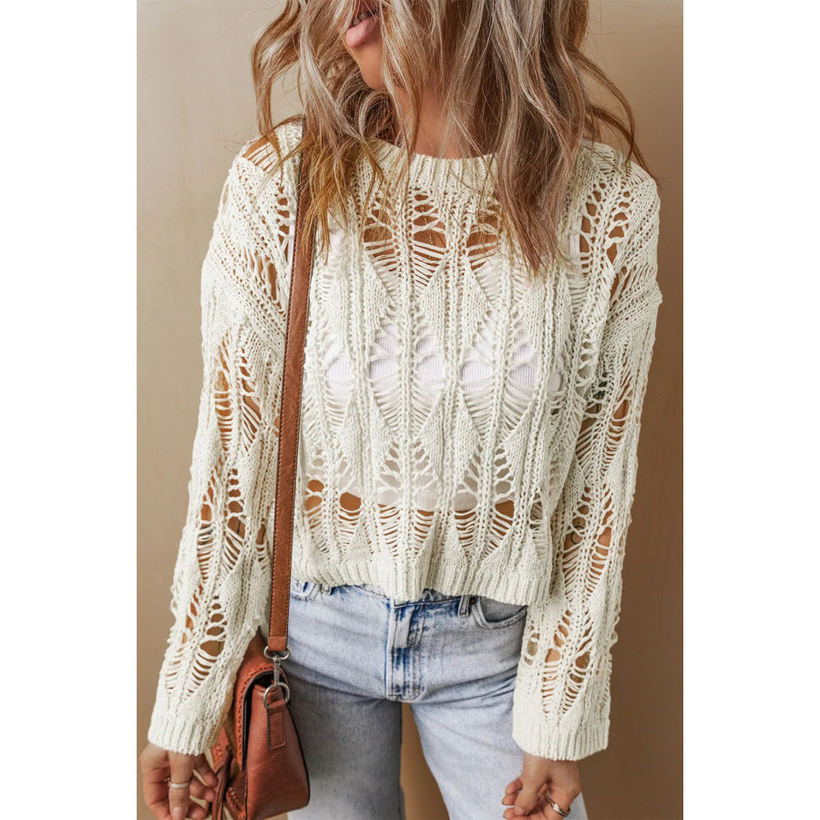 Cutout Round Neck Long Sleeve Knit Cover Up Ivory / S Apparel and Accessories