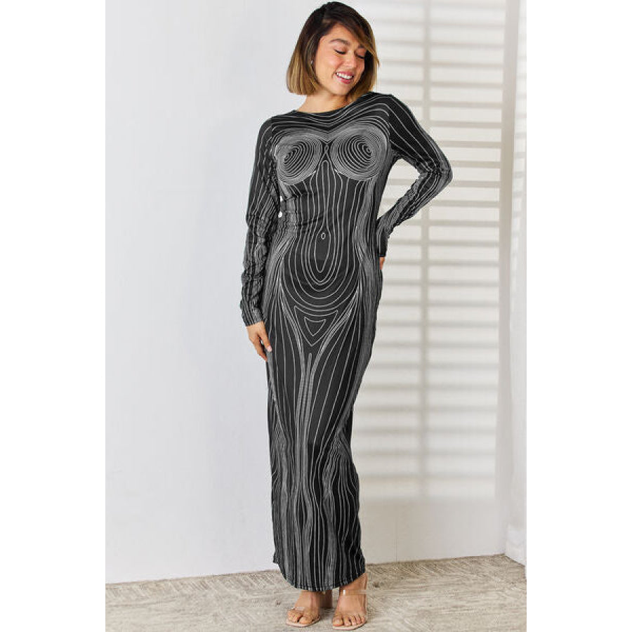 Cutout Round Neck Long Sleeve Maxi Dress Charcoal / S Apparel and Accessories