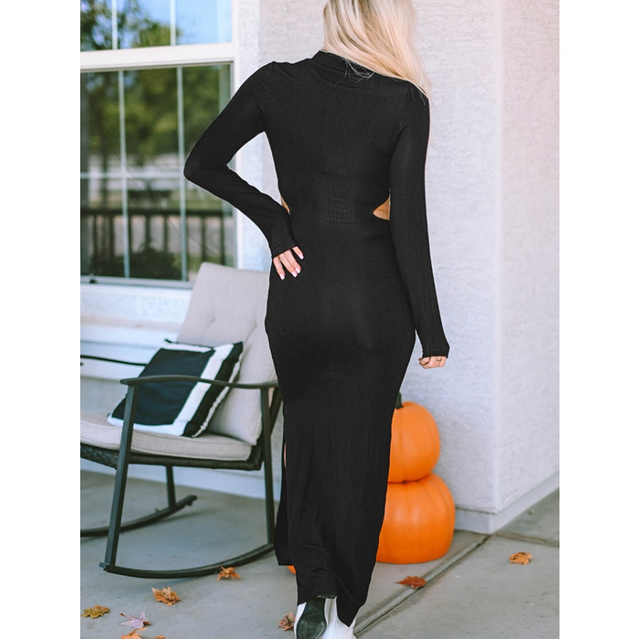 Cutout Round Neck Long Sleeve Slit Maxi Dress Black / S