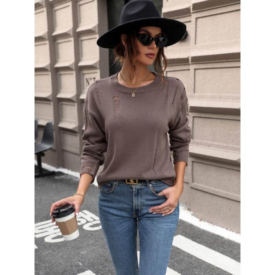 Cutout Round Neck Long Sleeve Sweater Coffee Brown / S Clothing